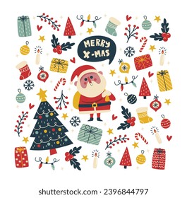 Simple Christmas background, golden geometric minimalist elements and icons. Happy new year banner. Xmas tree, snowflakes, decorations elements. Retro clean concept design - eps 10
