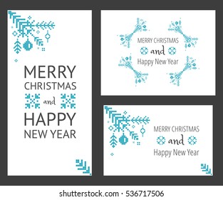 Simple Christmas background with patterns. Embroidery effect. Christmas tree and decorations. It can be used as greeting card, banner, or your design. Merry Christmas and Happy New Year