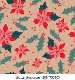 Simple Christmas background. Seamless vector pattern for design and fashion prints. Wonderful poinsettia flowers and holly on a beige background.