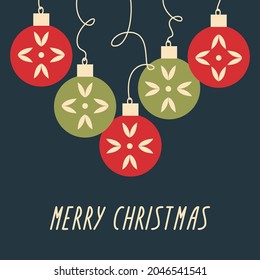 Simple Christmas balls on a dark background. Merry Christmas or New Year card. Vector flat illustration with red and green baubles