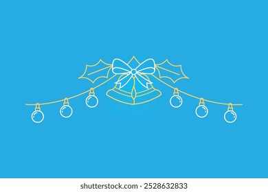 Simple Christmas bells and holly design with light bulbs on a blue background, line art style.