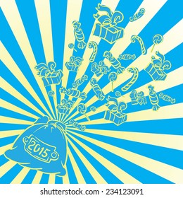 Simple Christmas blue and yellow background with a gift sack and sweets flying out. EPS8 vector illustration.