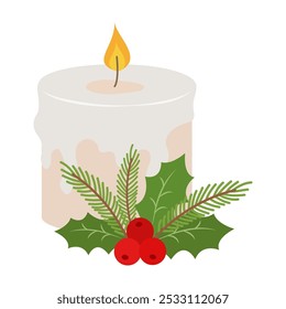 Simple Christmas Candle Designs with Holly and Stars. Happy New Year flat illustration. Church pray