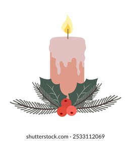 Simple Christmas Candle Designs with Holly and Stars. Happy New Year flat illustration. Church pray