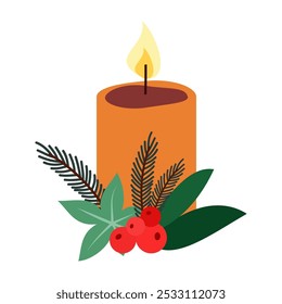 Simple Christmas Candle Designs with Holly and Stars. Happy New Year flat illustration. Church pray