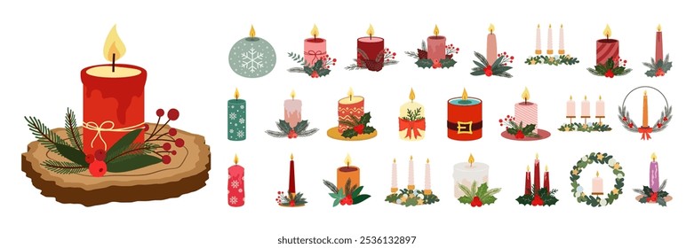 Simple Christmas Candle Designs with Holly and Stars. Happy New Year flat illustration Set. Church pray