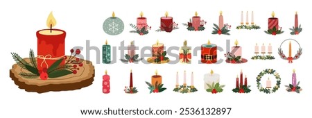 Simple Christmas Candle Designs with Holly and Stars. Happy New Year flat illustration Set. Church pray