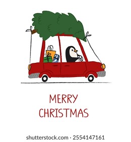 A simple Christmas card. A cute penguin in a red car with a Christmas tree on top.