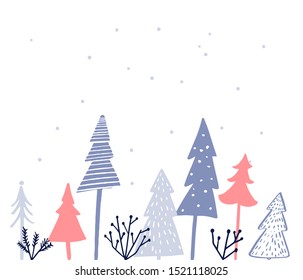 Simple Christmas card design. Different style Christmas tree on white background, pink and blue spruces on white background, minimalism illustration.