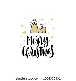 Simple Christmas card design with hand-drawn gift boxes and lettering. Vector holiday design.