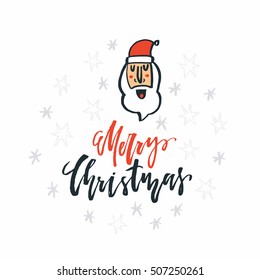 Simple Christmas card design with handdrawn illustration and lettering. Vector holiday series.