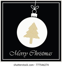 Simple christmas card with a golden Christmas tree in a white christmas ball on a black background