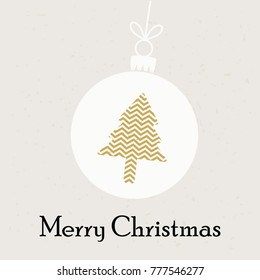Simple christmas card with a golden Christmas tree in a white hanging christmas ball 