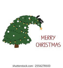 Simple Christmas card with a green fir and a black cat sitting on top of it.