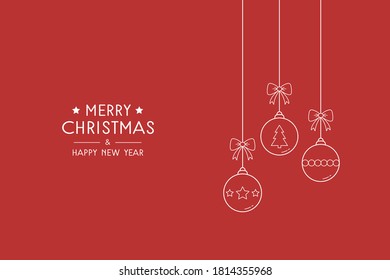 Simple Christmas card with hanging baubles and greetings. Xmas ornament. Vector