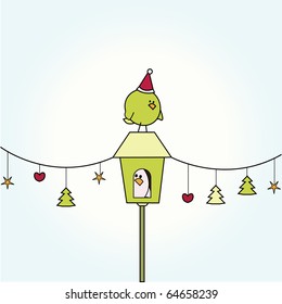 Simple christmas card illustration of funny cartoon bird on top of bird house with row of ornaments