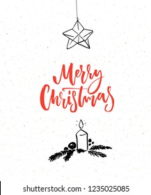 Simple Christmas card with red brush calligraphy text Merry Christmas and black illustration of candle and star decoration.