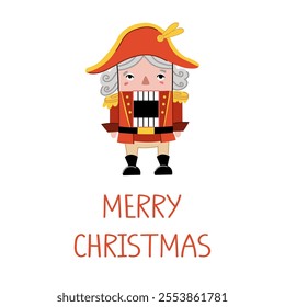 Simple Christmas card template. An illustration of a cute retro style nutcracker and text.