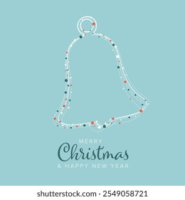 Simple christmas card template with white christmas bell decoration and blue and red dots on light blu background. Merry Christmas and Happy New Year card template.