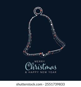 Simple christmas card template with white christmas bell decoration and blue and red dots on dark blue background. Merry Christmas and Happy New Year card template.