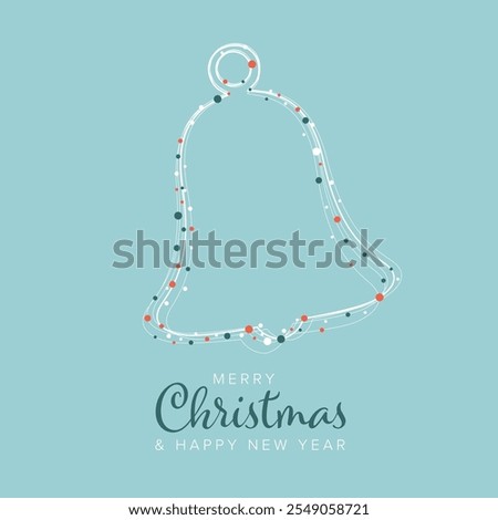 Simple christmas card template with white christmas bell decoration and blue and red dots on light blu background. Merry Christmas and Happy New Year card template.