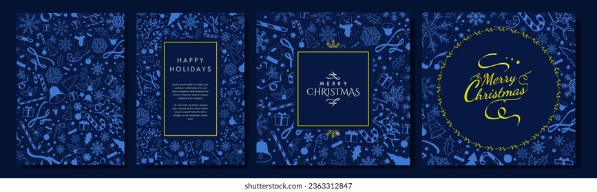 Sencillas plantillas de tarjetas de Navidad en resaltes monocromáticos azules y amarillos. Elementos navideños ilustrados con patrones de fondo con espacio de copia. Afiche vertical, diseño de tarjeta cuadrada. Vector.