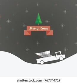 Simple christmas card with a truck,carying christmas tree  and red ribbon with a greeting 