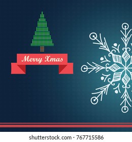 Simple christmas card with a white snowflake, green christmas tree and red ribbon with a greeting on a blue background

