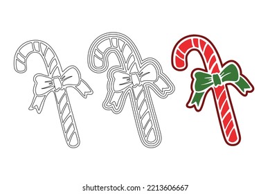 simple christmas coloring book. lollipop cane with ribbon. Coloring book page for kids, cartoon illustration set of color and black and white contours.