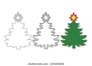 simple christmas coloring book. New Year Tree to be colored. Coloring book page for kids, cartoon illustration. Colored and black and white outline set.