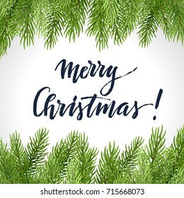Simple Christmas design with spruce branches and lettering on a light background. Vector illustration.