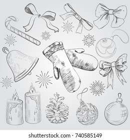 Simple Christmas elements from lines. Hand drawings and vector. Isolated elements for your design