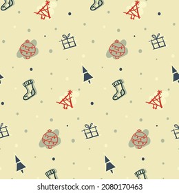 Simple christmas elements vector pattern on the grey background. Red, blue doodle trees, snowflakes,  gift boxes, socks. Decorative winter wrapping paper. Wallpaper. Cartoon style christmass pattern.