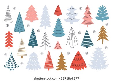 Simple Christmas fir tree, New Year spruce pine abstract hand drawn set. Woods natural plant doodle drawing with snowflake decoration vector illustration. Evergreen vegetation, seasonal holidays