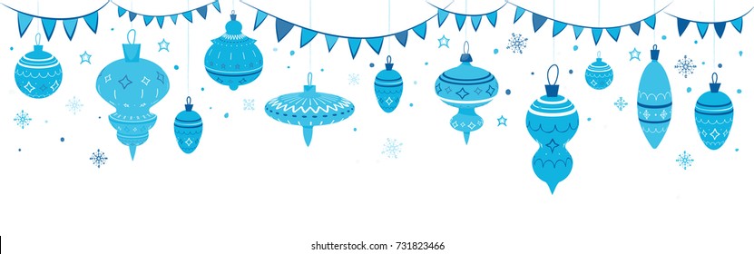 Simple christmas garland with balls and flags. Modern background for site header, banner, landscape design