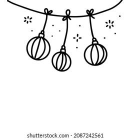 Simple Christmas Garland In Linear Doodle Style. Hand Drawn Illustration With Black Liner In Line Art Style. Creation Of Design For New Year, Winter, Christmas. Vector Illustration For Border Or Decor