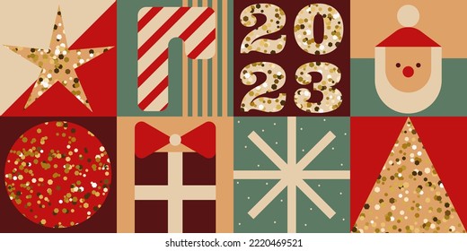 Simple Christmas geometric background in retro colors. Xmas minimalist banner with Christmas tree, Santa Claus, ornaments and patterns. New year backdrop vector design template