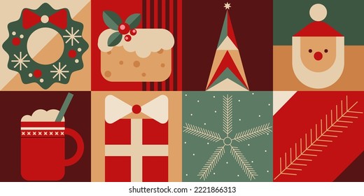 Simple Christmas geometric background in retro colors. Xmas minimalist banner with Christmas tree, Santa Claus, ornaments and patterns. New year vector design template