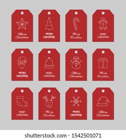 Simple Christmas gift tags with festive elements. Xmas decorations with wishes. Vector