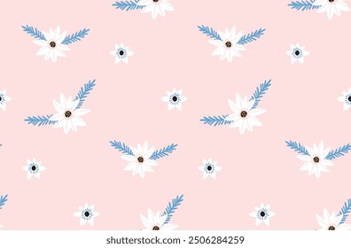 Simple Christmas gift wrapping paper pattern, white flowers and blue fir branches on pink background.