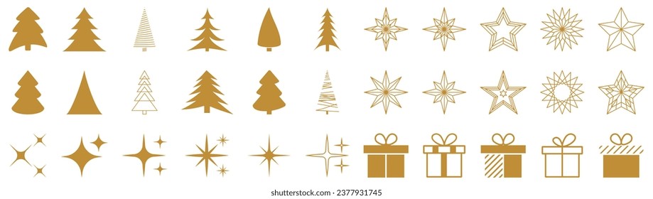 Sencillos elementos e iconos geométricos minimalistas geométricos de Navidad dorada. Felices decoraciones de año nuevo. Ilustración del vector aislada en fondo blanco
