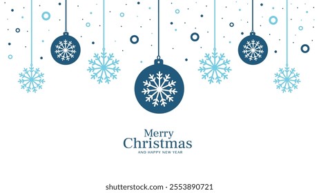 A simple christmas graphic design featuring hanging blue ornaments and snowflakes for creating invitations, greetings, and social media posts.
