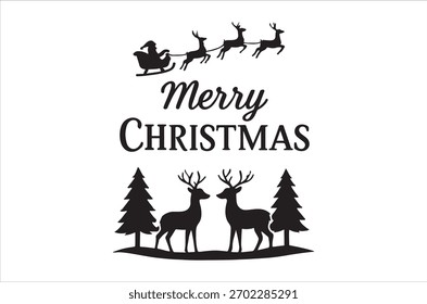 Un simple gráfico navideño con el trineo de Santa, renos y árboles.