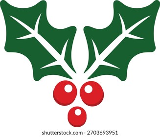 Un gráfico de Navidades simple con tres hojas de acebo verde con tres bayas rojas brillantes. Este motivo festivo limpio es ideal para tarjetas de vacaciones, bordes, decoraciones y Elementos de diseño de temporada.
