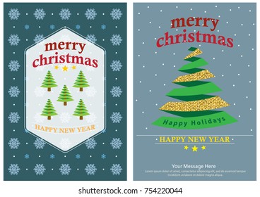 Simple Christmas greeting card design template. Merry Christmas and holidays wishes typographic label and place for text. Christmas tree. Vector illustration.