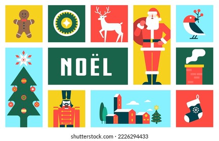Simple Christmas greeting card, elegant Flat design minimalist style. Merry Christmas banner. Deer, Nutcracker Soldier, Santa Claus, decorations and Xmas trees elements. Retro clean concept design