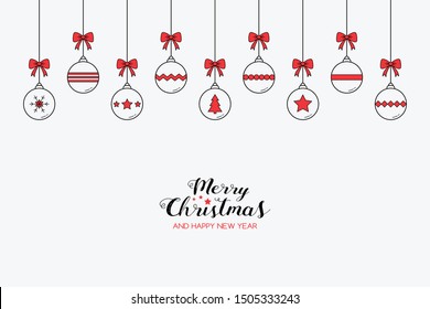 Simple Christmas greeting card with hanging balls and wishes. Xmas decoration. Vector