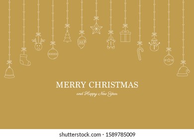 Simple Christmas greeting card with hanging icons and wishes. Xmas decoration. Vector