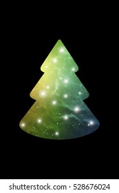 Simple Christmas greeting card - New Year tree with colorful nebula texture. Cosmic winter vector illustration featuring night sky and stars.