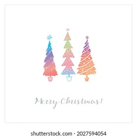 Simple Christmas greeting card with ranbow christmas trees on white background.